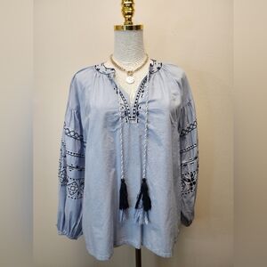 Mud Pie Light Blue Blouse with Black Embroidery, Size Small